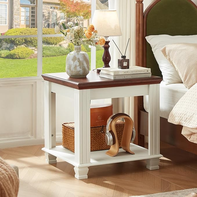 Farmhouse End Table with 2-Tier Storage Shelf, Large Square Side Table with 4 Solid Wood Square Legs, Small Coffee Table for Living Room, White