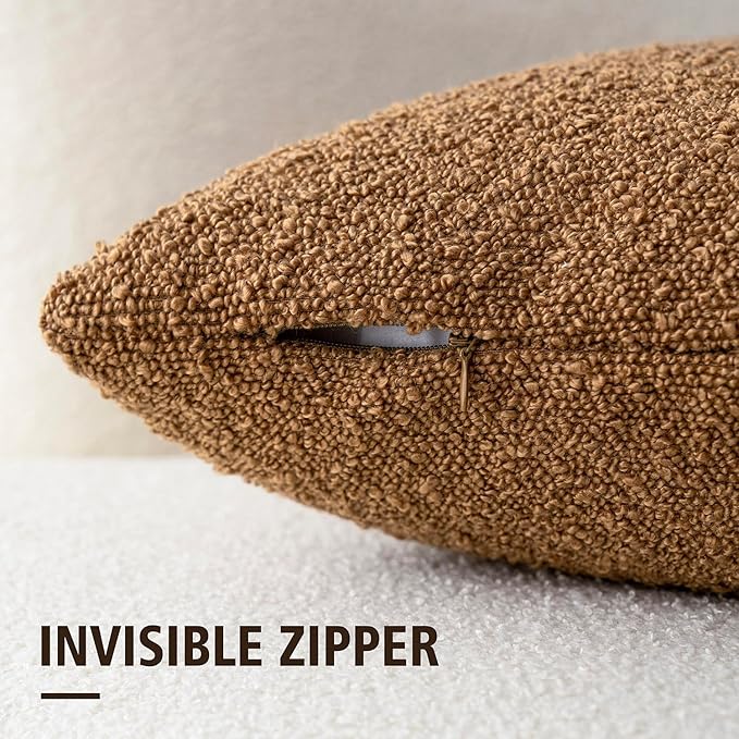 Foindtower Decorative Textured Boucle Throw Pillow Covers Accent Solid Pillow Cases Neutral Soft Cozy Couch Cushion Case for Chair Sofa Bedroom Living Room Home Decor 24 x 24 Inch,Tobacco