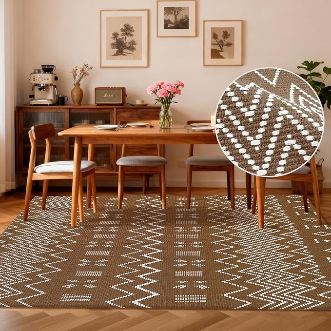 winolive Washable Area Rug 5x7 ft,Rubber Backed Non Slip Faux Jute Rug for Office,Living Room and Bedroom Braided Rug,Indoor Floor Carpets for Dining Room,Farmhouse,Brown/White