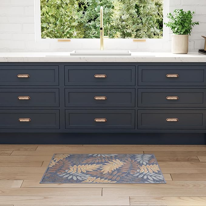 Nourison Home Aloha Blue Rose 2'8" x 4' Area Rug - Easy Clean, Non Shedding, Bed Room, Living Room, Dining Room, Kitchen (3' x 4')