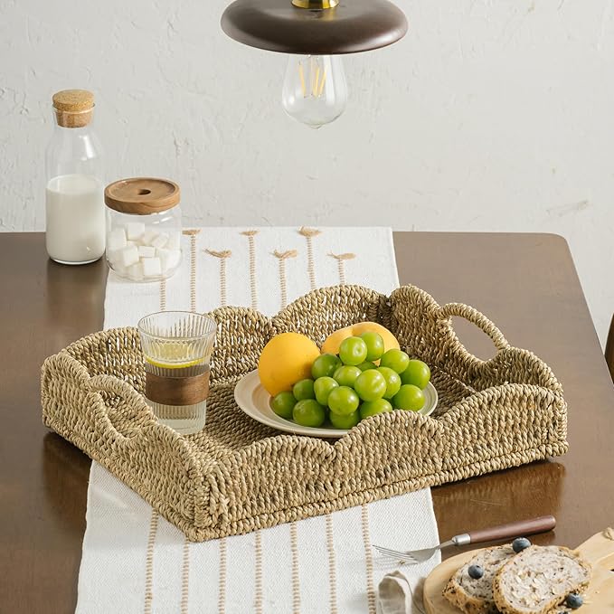Wicker Tray, Handwoven Woven Tray with Handles and Scalloped Edge, Rectangle Wicker Basket for Home Decor and Organizing, 17.3" L x 13.4" W x 3.6" H