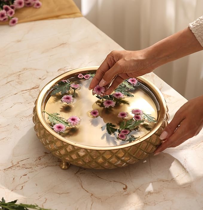 RITUALISTIC Chitra Wooden Urli for Flower Decoration Wooden Urli Bowl for Home Decorations Kitchen Décor Bowl for Decoration Perfect for Festive Occasion & Valentine's day gift | 11.5 inches Gold