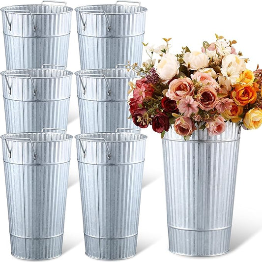 Layhit 6 Pcs 12 Inch Galvanized Flower Buckets Metal Flower Vases with Handle Farmhouse French Bucket Planter Floral Container for Flowers Wedding Bridal Shower Home Table Decor(Retro Steel Color)