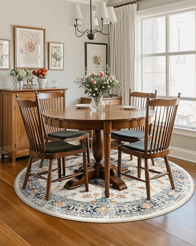 RELEANY Area Rugs 6ft Washable Non-Slip, Floral Vintage Distress Print Pattern Medallion Carpet for Living Room Bedroom Dining Room, Beige Navy Blue Orange Colorful