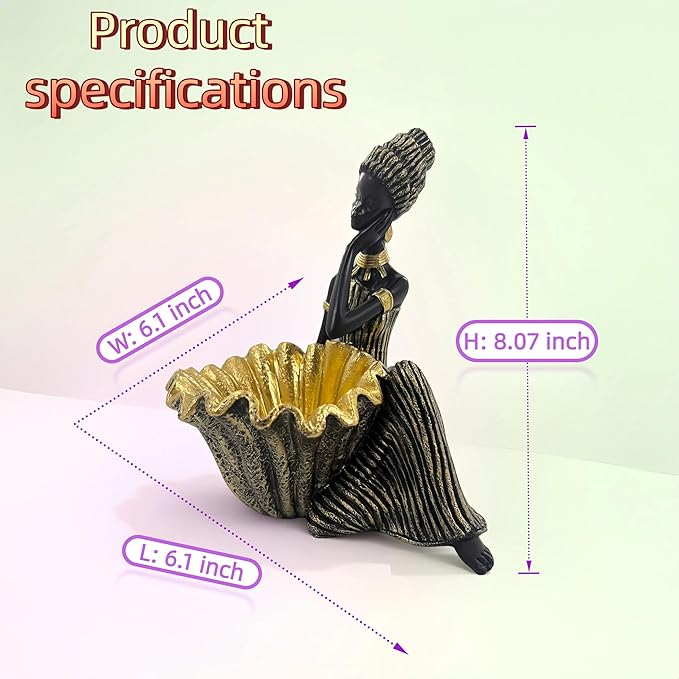 African Woman Sitting Figurine with Leaf-Shaped Bowl – Resin Statue, Black and Gold Cultural Sculpture, African Home Decor Trinket Dish