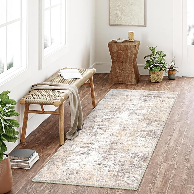 WondRg 2x4 Washable Runner Rug Beige Grey Abstract Hallway Kitchen Throw Rug Neutral Modern Non Slip Soft Low Pile Carpet for Bathroom Laundry Bedroom Living Room