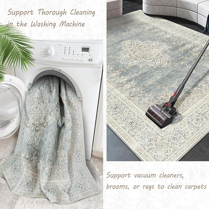 Fortsea Area Rug 7x9, Washable Gray Vintage Rug, Traditional Floor Cover Thin Rug, Retro Indoor Distressed Non Slip Carpet, Floral Print Mat Living Room Bedroom (Grey/Light Camel, 7X9)
