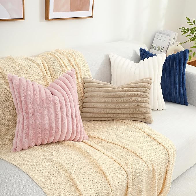decorUhome Faux Fur Spring Throw Pillow Covers 12x20 Set of 2, Decorative Soft Plush Striped Lumbar Neutral Couch Pillow Covers with Velvet Back for Sofa, Bed, Living Room Home, Khaki Brown