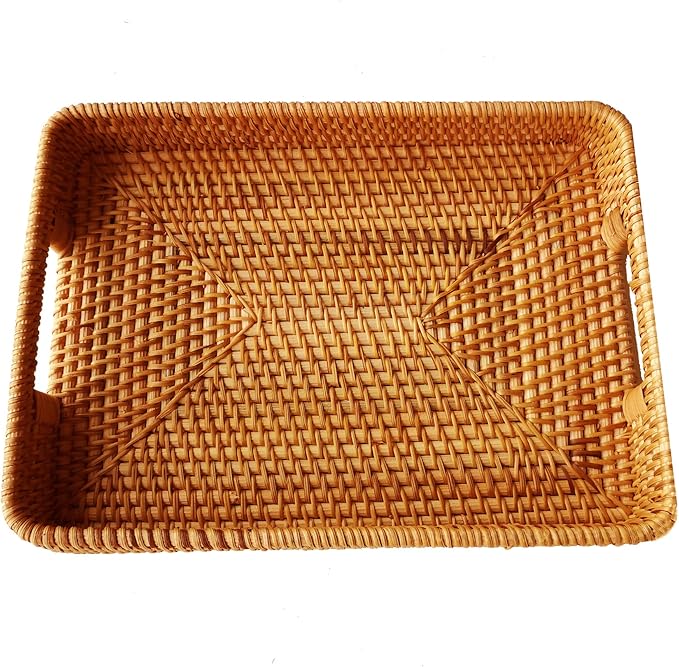 i-lan 13 Inch Handcrafted Serving Tray Rectangle Rattan Display Tray Plates with Cutout Handles and 2" Wall,Wicker Ottoman Coffee Table Decor Basket Tray Organizer Platter for Snack, Candy, Fruit,S