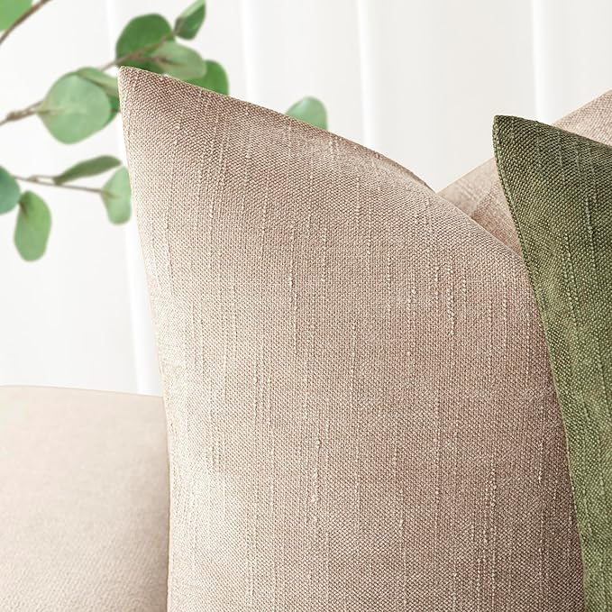 Foindtower Set of 2 Soft Textured Chenille Throw Decorative Pillow Covers Square Accent Solid Cushion Cover Cozy Neutral Farmhouse Pillow Case for Couch Sofa Bedroom Living Room 16x16 Inch,Cream Camel