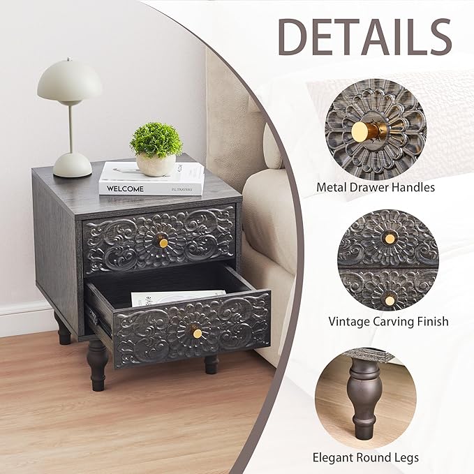 Nightstand, Farmhouse Bedside Table with 2 Drawers and Metal Handles, Wood Sofa Side Table End Table Accent Dresser for Bedroom, Living Room (Black Brown) (15.75 x 16.02 x 18.15 Inch)