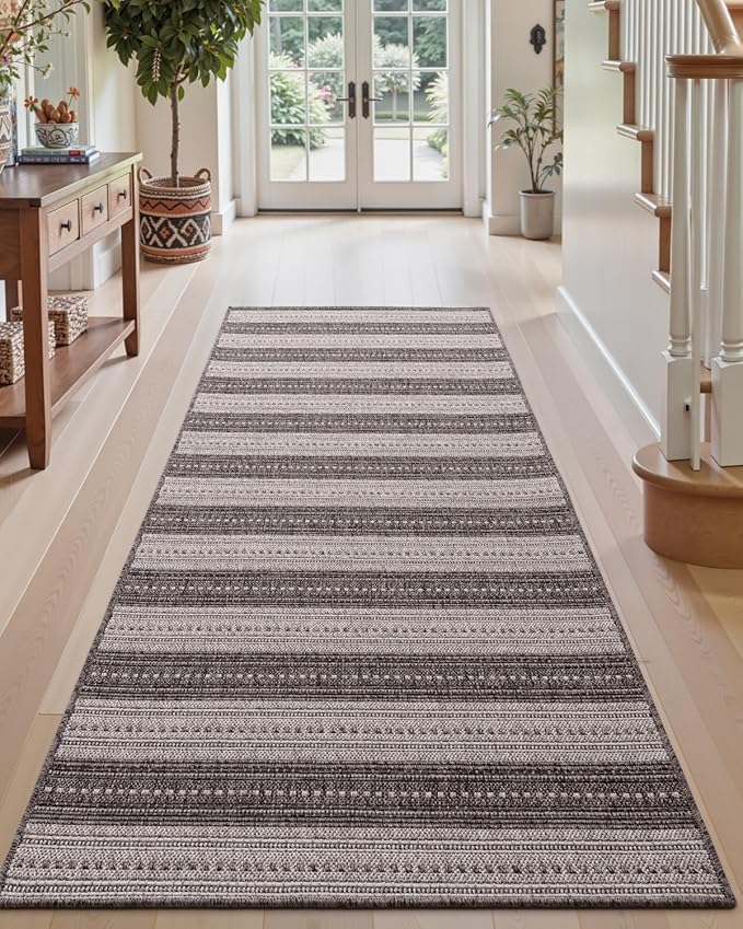 DEXI Hallway Runner Rug 3.3x8, Woven Braided Farmhouse Runner Carpet Indoor, Absorbent Thin Long Entryway Runners for Kitchen, Laundry Room, Patio Entrance, Striped Grey