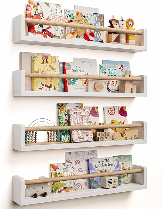 Nursery Book Shelves - 4 Pack, Wall Book Shelves for Bedroom Kids, Kids Wall Book Shelf, Book Shelf for Kid Rooms, Toddler, Baby, Play Room, Nursery Decor (White Wood, 23 Inches)