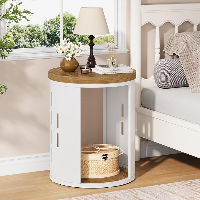 Rustic Round End Table, 2-Tier Side Table with Storage Shelf, Small Nightstand for Living Room and Small Spaces, White Metal Frame (Light Brown, Set of 1)