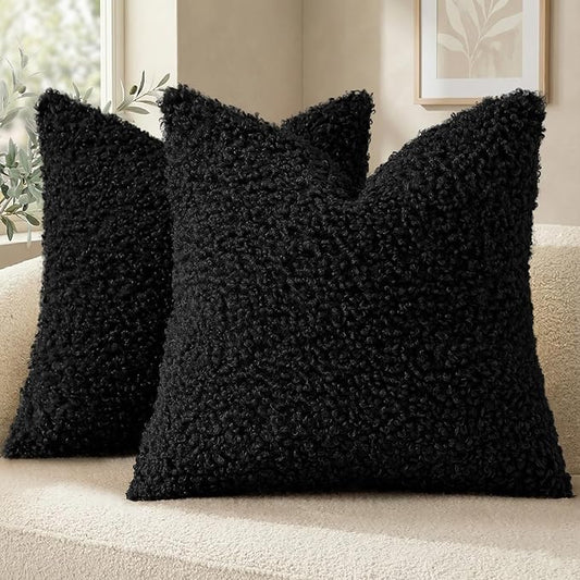 decorUhome Pack of 2 Throw Pillow Covers 22x22 Inch, Faux Fur Decorative Sherpa Pillow Covers Fuzzy Accent Soft Sheepskin Fleece Pillow Cases for Couch Living Room Bed, Black
