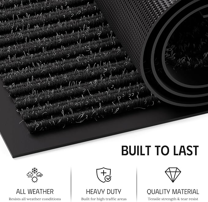 Front Door Mat 3' x 5', Low Profile Heavy Duty Door Mat Outside Entrance, Non-Slip Large Commercial Floor Mat, Absorbent & Resist Dirt, Easy Clean Welcome Entry Mat Indoor Outdoor, Black