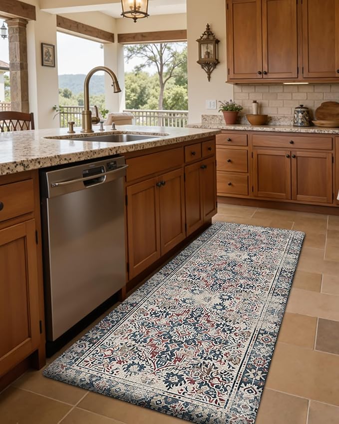 DEXI Kitchen Mats for Floor Cushioned, 23x59 Extra Large Wide Runner Rug Non Slip, Waterproof Soft Comfort Standing Padded Anti Fatigue Decorative, Blue Red