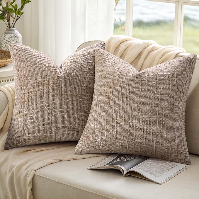 decorUhome Spring Oatmeal Chenille Throw Pillow Covers 20x20 Set of 2 Textured Slubby Couch Pillow Covers Farmhouse Accent Modern Neutral Decorative Pillow Cases for Bed Sofa Living Room
