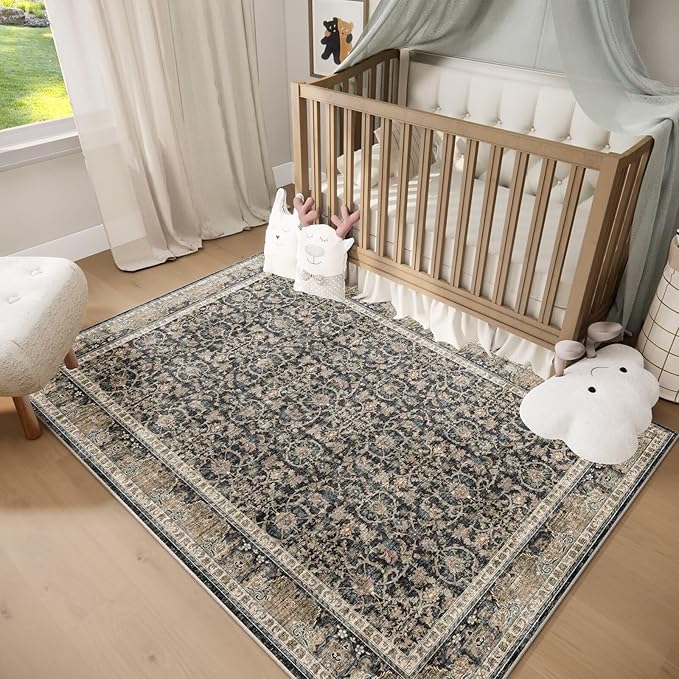 Washable 2x3 Entryway Rug, Boho Non-Slip Door Mat Vintage Distress Small Rugs for Kitchen Nursery Office Bedroom, 0.3" Neutral Oriental Throw Carpet with Cushioning Pad, Brown/White/Multi
