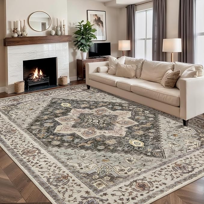 Tangsoo 6x9 Area Rug Washable Rug for Living Room, Vintage Indoor Non Slip Large Area Rugs, Print Distressed Grey Carpet, Soft Low Pile Foldable Floor Rug for Bedroom Dining Room