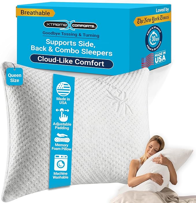 Xtreme Comforts Shredded Memory Foam Pillow- Allergy-Friendly & Cooling Pillow Cover for Side, Back & Stomach Sleepers- Machine Washable - Foam Pillows for Sleeping & Neck Pain Relief (Queen)