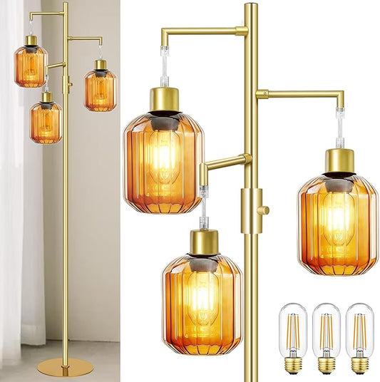 LVYE Gold Floor Lamp for Living Room, Modern Mid Century Standing Lamp with Amber Glass Shade, Dimmable Tall Tree Lamp with 3×6W LED Bulbs, Tall Lamp for Bedroom Office