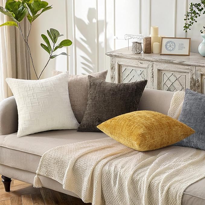 decorUhome Spring Cream White Chenille Throw Pillow Covers 20x20 Set of 2 Textured Slubby Couch Pillow Covers Farmhouse Accent Modern Neutral Decorative Pillow Cases for Bed Sofa Living Room