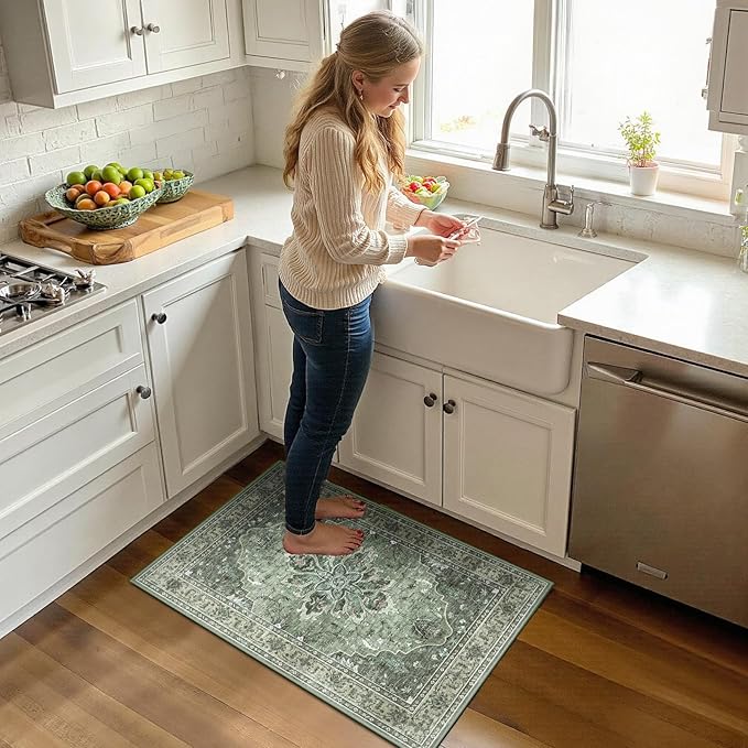 RELEANY Area Rugs 2'x3' Washable Non-Slip, Floral Vintage Distress Print Pattern Medallion Carpet for Living Room Bedroom Dining Room, Dark Green Gray