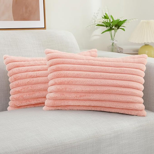 decorUhome Faux Fur Spring Throw Pillow Covers 12x20 Set of 2 Decorative Soft Plush Striped Lumbar Neutral Couch Pillow Covers with Velvet Back for Sofa Bed Living Room Home Valentines, Blush Pink