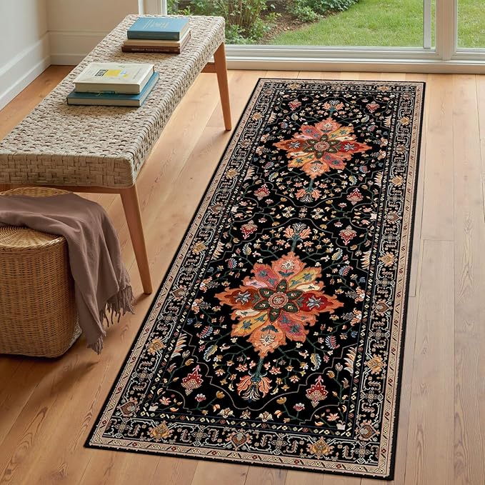 RELEANY Area Rugs 3'x8' Washable Non-Slip, Floral Vintage Distress Print Pattern Medallion Carpet for Living Room Bedroom Dining Room, Black Colorful Floral Dark Tan