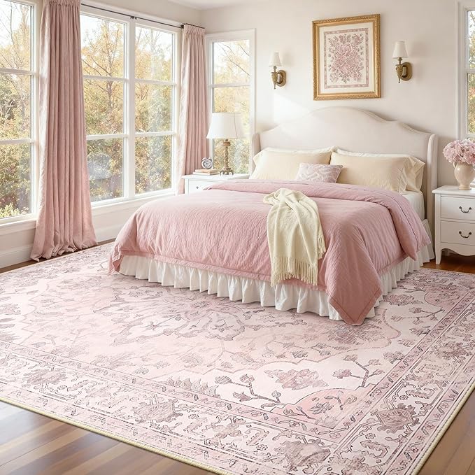 RELEANY Area Rugs 6'x9' Washable Non-Slip, Floral Vintage Distress Print Pattern Medallion Carpet for Living Room Bedroom Dining Room, Pink Greypink Cute