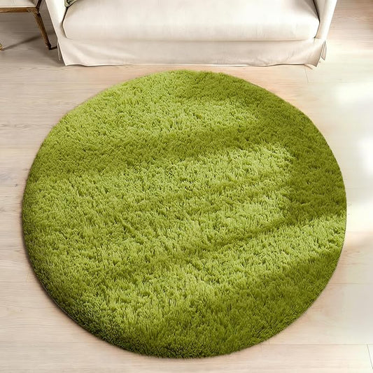 Ophanie Round Rug 5Ft Green Circle Area Rug, Green Room Decor, Fluffy Fuzzy Bedroom Carpet, Plush Soft Shaggy Living Room Rugs for Kids Home Decor Aesthetic, Nursery
