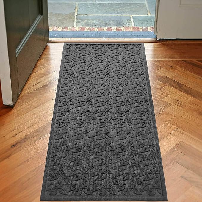 WaterHog Water Trapping Door Mat - Slip-Resistant Indoor/Outdoor Entrance Rug for Front Door, Entryways, Patios, Porch, Mudrooms, Hallway, Made in USA, Dogwood Leaf Collection, Charcoal, 2' x 5'