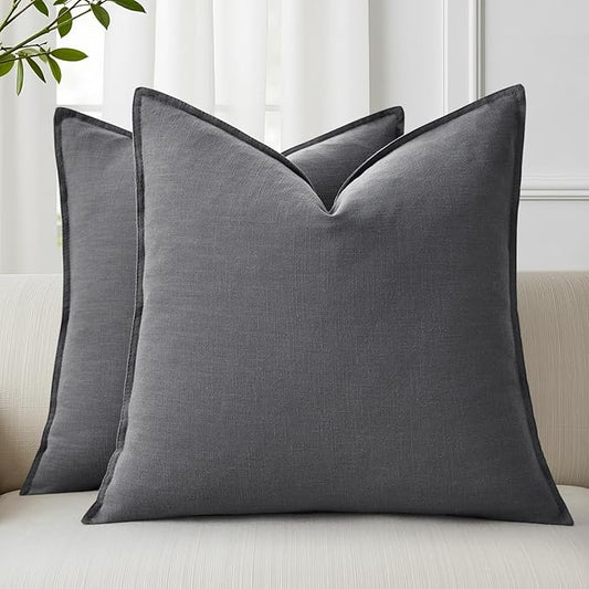 decorUhome Spring Decorative Linen Euro Sham Throw Pillow Covers 24x24 Inch Set of 2 Dark Grey Pillow Covers with Flange Edges Soft Farmhouse Boho Accent Pillow Cases for Couch Bed Living Room