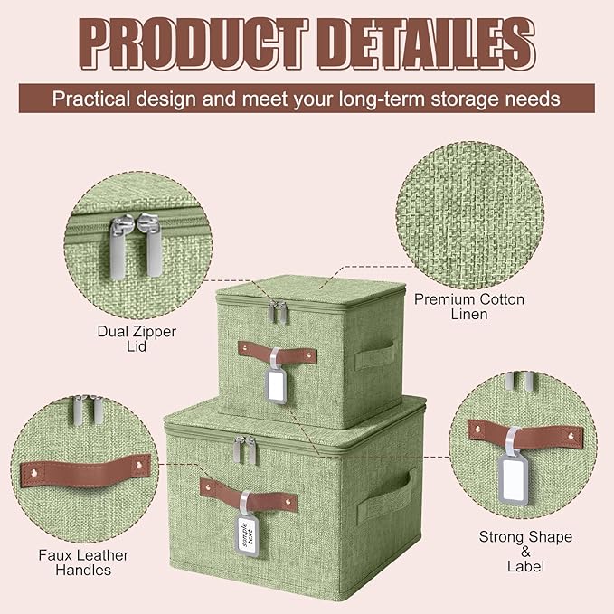 6 Pack Fabric Storage Bins with Lids and Label, 10×8×7Inch Foldable Cotton Linen Cute Storage Boxes with PU Leather Handles for Closet, Bedroom, Shelf, Nursery, Green