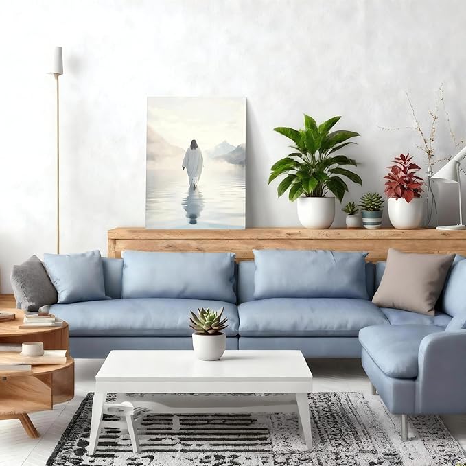 Framed Jesus Walking on Water Wall Art, Christian Canvas Wall Decor Pictures, I Will Walk With Christ Posters Prints Religious Home Decor for Living Room Bedroom Church Prayer Room12x16 inch