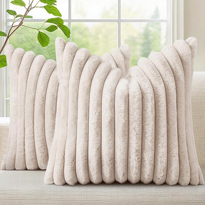 decorUhome Faux Fur Spring Throw Pillow Covers 18x18 Set of 2, Decorative Soft Plush Striped Neutral Couch Pillow Covers with Velvet Back for Sofa, Bed, Living Room Home, Beige