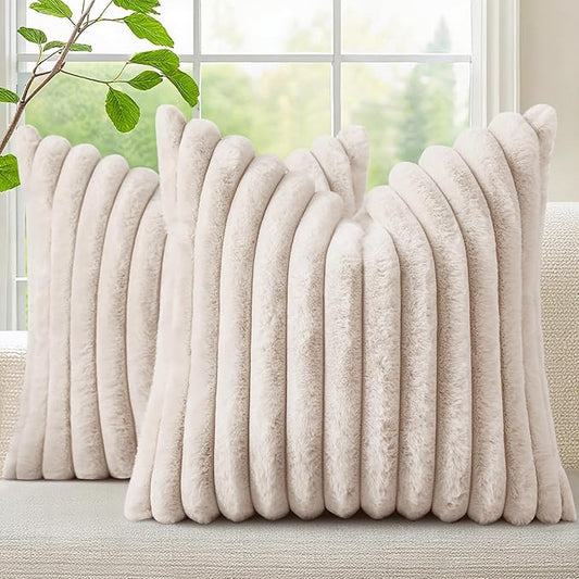 decorUhome Faux Fur Spring Throw Pillow Covers 16x16 Set of 2, Decorative Soft Plush Striped Neutral Couch Pillow Covers with Velvet Back for Sofa, Bed, Living Room Home, Beige