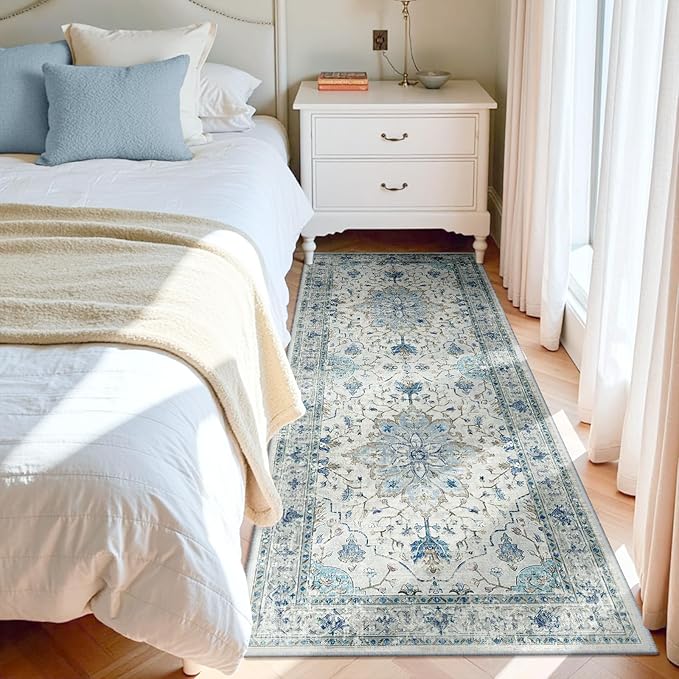 RELEANY Area Rugs 3'x6' Washable Non-Slip, Floral Vintage Distress Print Pattern Medallion Carpet for Living Room Bedroom Dining Room, Light Blue Navy Beige Gray White