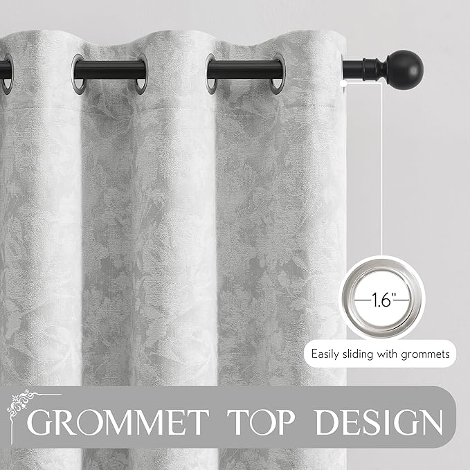 Beauoop Grey Floral Jacquard Blackout Curtains 120 Inches Long 2 Panels for Bedroom Living Room Gray Flower Chenille Room Darkening Thermal Soundproof Grommet Window Treatments Drapes, 52x120