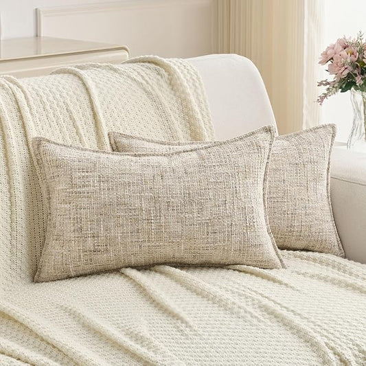 FUTEI Beige Decorative Throw Pillow Covers 12x20 Inch Set of 2,Soft Chenille Tweed Textured Lumbar Pillow Case,Modern Home Decor for Couch Bed Living Room