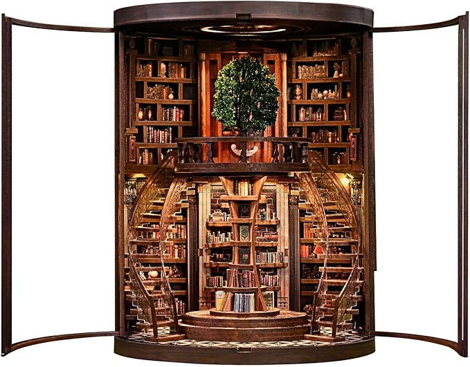 Book Nook Kit for Adults & Teens – DIY Miniature House Library, Wisdom Ring Library 3D Wooden Puzzle Bookend Bookshelf Insert with LED Light, Dollhouse Craft Kit for Decor & Gifts