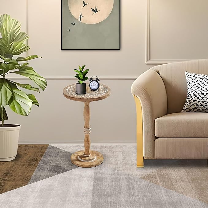 The Wooden Town Hand-Carved Solid Wood End Table - 12x22 White Wash Finish Accent Side Table for Living Room, Bedroom Nightstand, Small Pillar Table for Plants or Décor