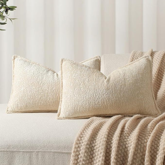 DEZENE Pack of 2 Beige Decorative Throw Pillow Covers 12x20 Cozy Soft Chenille Boho Accent Vintage Farmhouse Rectangular Lumbar Couch Pillow Covers for Home Decor Bed Sofa Living Room