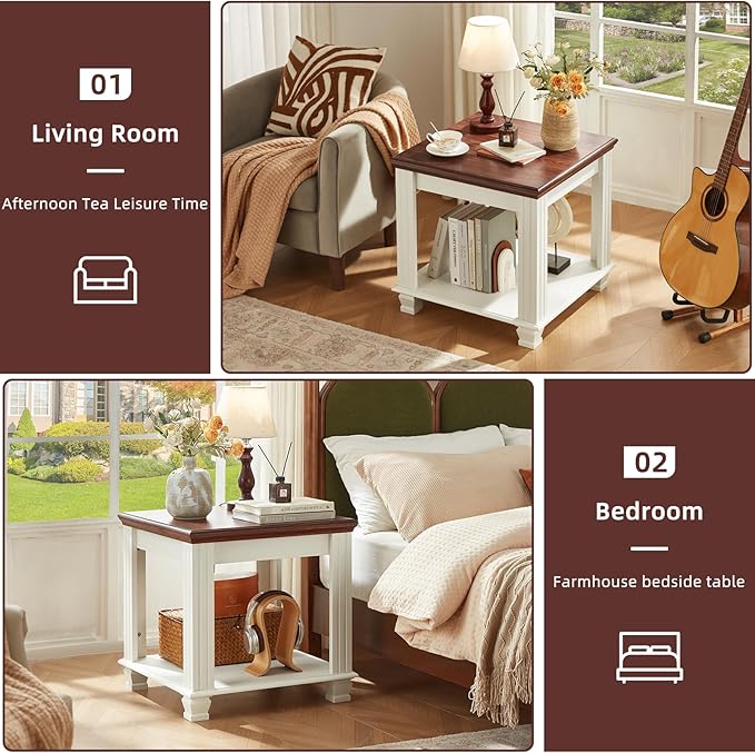 Farmhouse End Table with 2-Tier Storage Shelf, Large Square Side Table with 4 Solid Wood Square Legs, Small Coffee Table for Living Room, White