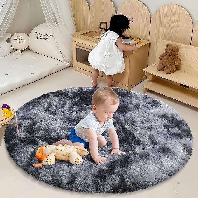 Tie-Dyed Black Fluffy Round Rug,Soft Area Rugs for Girls Room,Shaggy Rugs 6'X6' for Living Room,Non Slip Circle Rug for Kids Bedroom,Shag Plush Nursery Rug,Plush Carpet for Dorm,Cute Furry Room Decor
