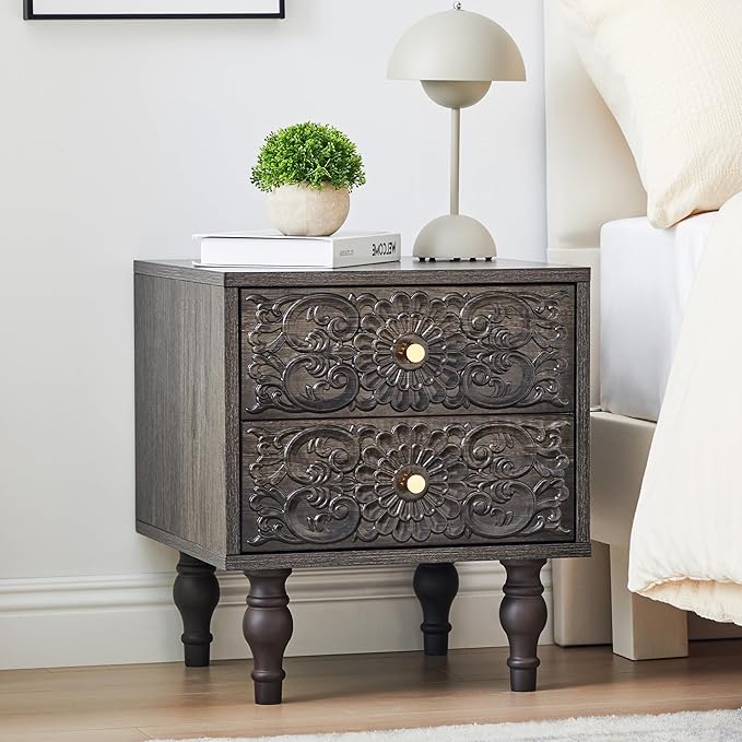 Nightstand, Farmhouse Bedside Table with 2 Drawers and Metal Handles, Wood Sofa Side Table End Table Accent Dresser for Bedroom, Living Room (Black Brown) (15.75 x 16.02 x 18.15 Inch)