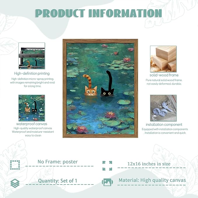 Framed Cat Wall Art, Vintage Whimsical Claude Monet Canvas Wall Decor Painting, Cute Funny Water Lilies Cat Poster Print Picture for Living Room Bedroom Bathroom 12x16 Inch