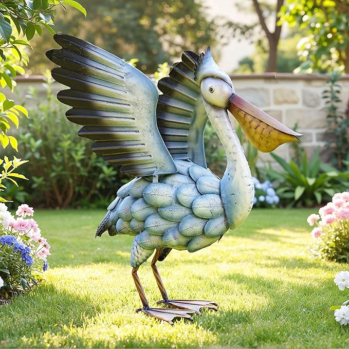 18.5" Metal Pelican Yard Decor - Handmade Large Coastal Ocean Bird Sculptures with Stable Ground Stakes, Backyard Decoration, Metal Garden Art