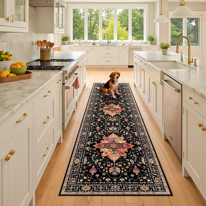 RELEANY Area Rugs 2'6''x8' Washable Non-Slip, Floral Vintage Distress Print Pattern Medallion Carpet for Living Room Bedroom Dining Room, Black Colorful Floral Dark Tan